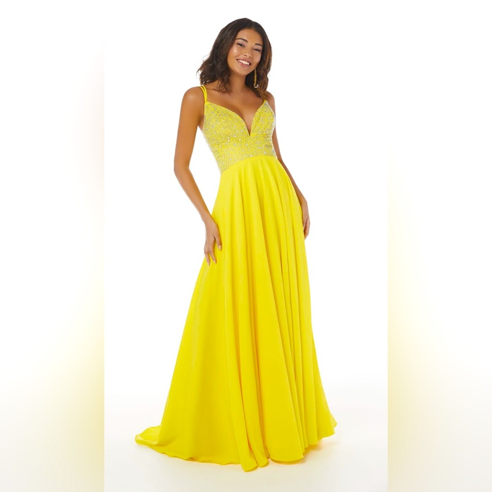 Studio 17 12855 Yellow Beaded Bodice Double Strap Dress with side pockets